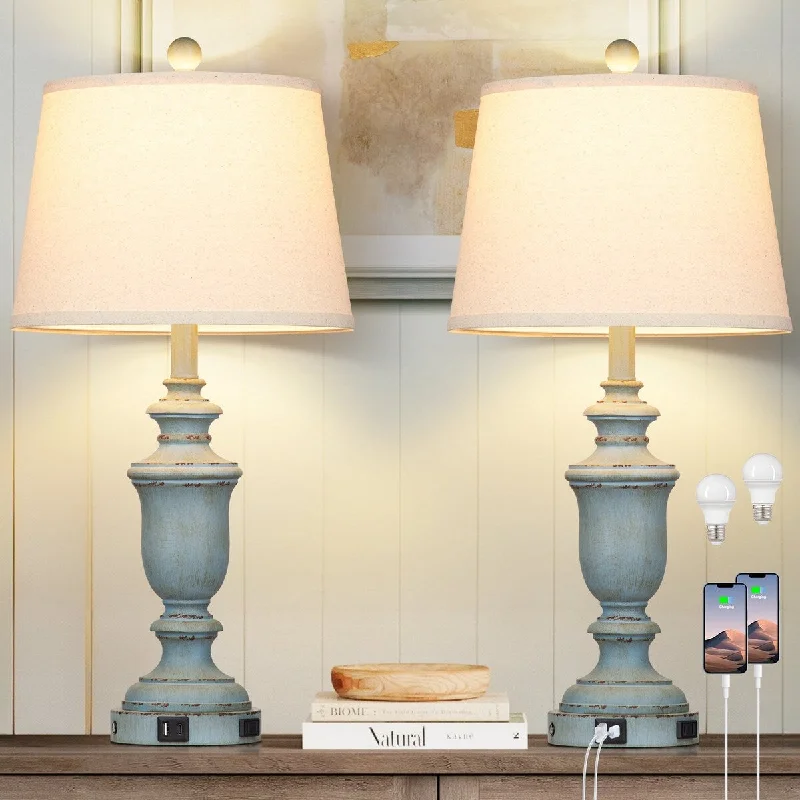 wooden table lamps with natural grain for a warm and organic feelwooden table lamps with natural grain for a warm and organic feelTable Lamps Blue Resin Tilted Drum Shade 3-Way Touch Dimming Switch USB Type-C Charging Ports AC Outlet (Set of 2)